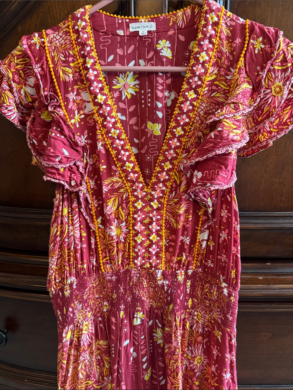 Poupette St. Barth Red Floral Mini Dress with Yellow Accents